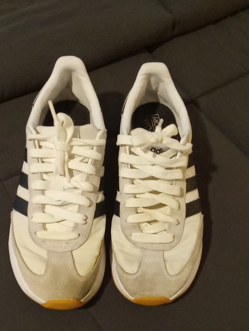 Adidas Women's White Sneakers with Black Stripes and Tan Accents